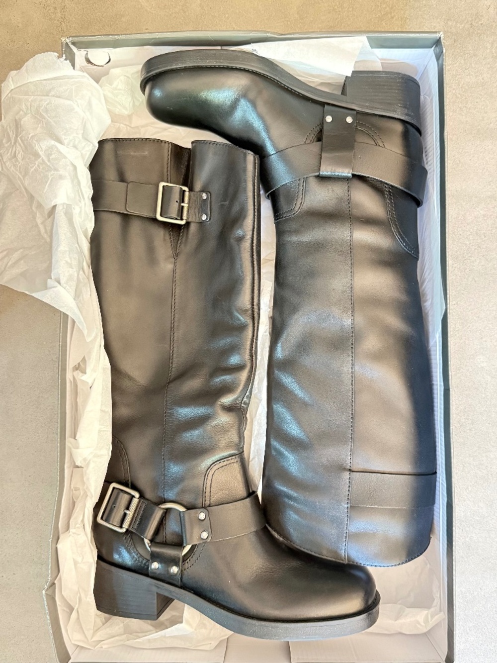 NIB Arezzo Black Leather Moto/Harness Knee-High Boots Women's Size 7.5